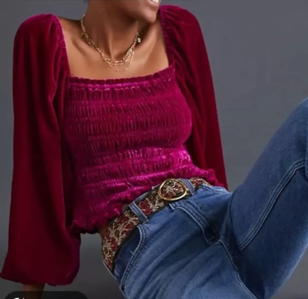 Anthropologie Velvet Smocked Puff Sleeve Crop Top XS